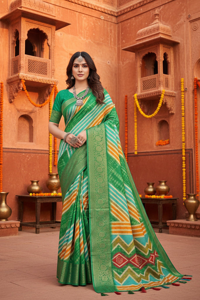 Women's Cotton Silk Striped  Saree With Unstitched Blouse 5.5Mtr (Green)