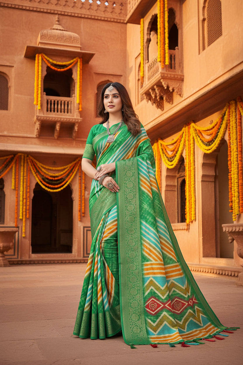 Women's Cotton Silk Striped  Saree With Unstitched Blouse 5.5Mtr (Green)