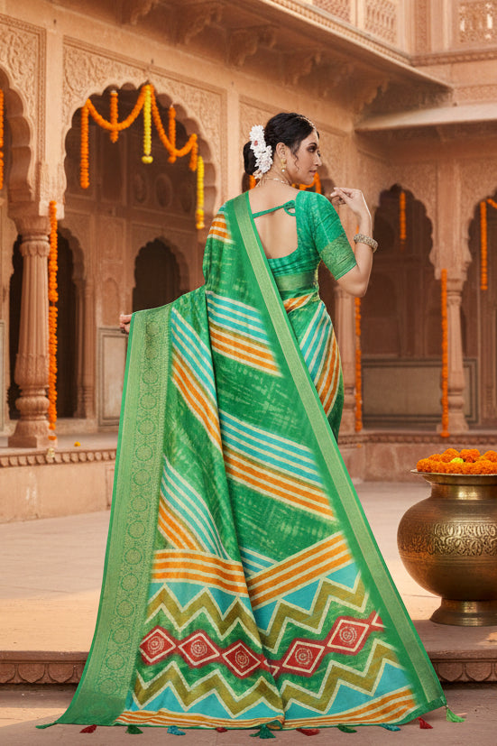Women's Cotton Silk Striped  Saree With Unstitched Blouse 5.5Mtr (Green)