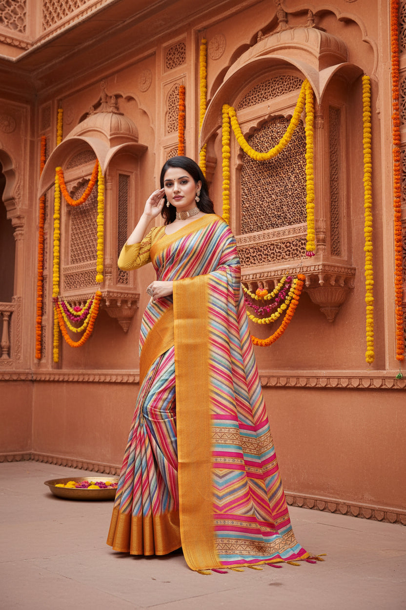 Women's Cotton Silk Striped  Saree With Unstitched Blouse 5.5Mtr (Multicolor)