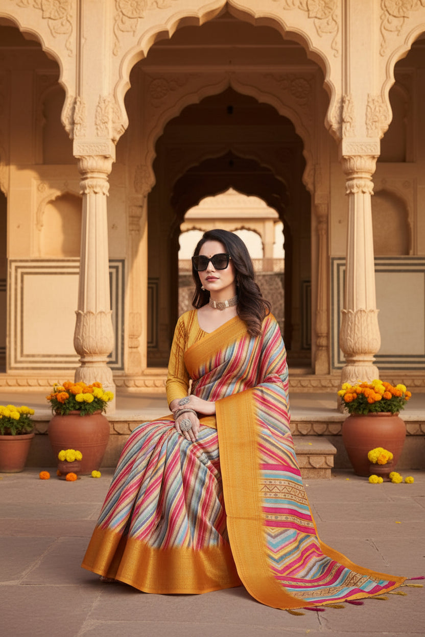 Women's Cotton Silk Striped  Saree With Unstitched Blouse 5.5Mtr (Multicolor)
