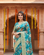 Load image into Gallery viewer, Women's Cotton Silk Floral Printed Saree With Unstitched Blouse 5.5Mtr (Turquoise)

