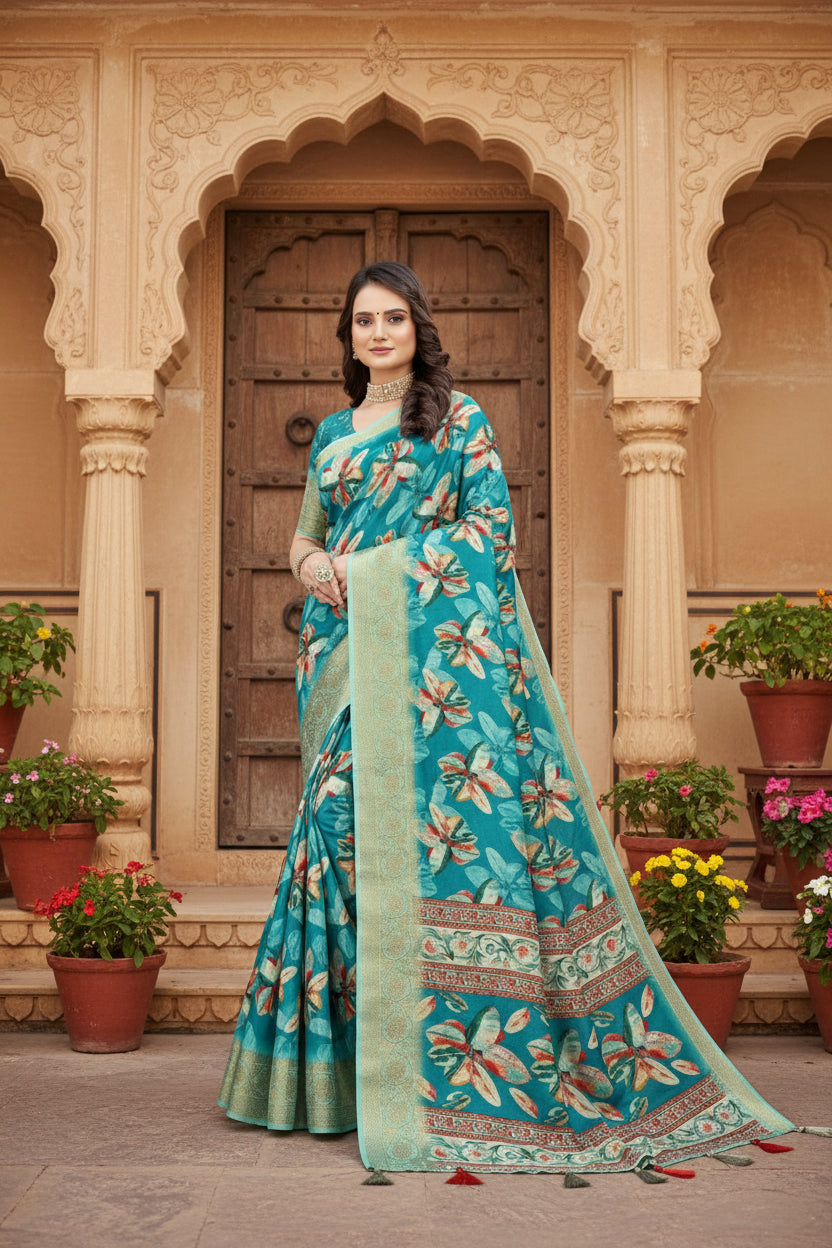 Women's Cotton Silk Floral Printed Saree With Unstitched Blouse 5.5Mtr (Turquoise)