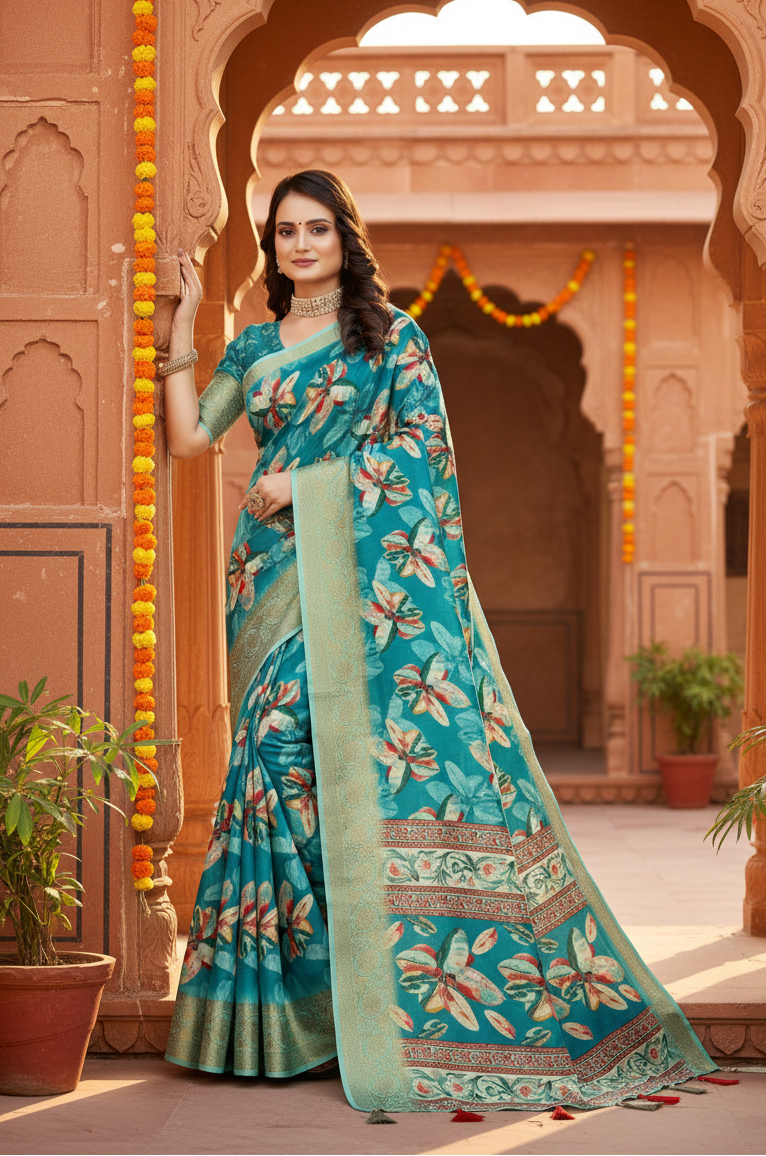 Women's Cotton Silk Floral Printed Saree With Unstitched Blouse 5.5Mtr (Turquoise)