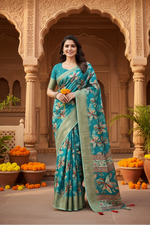 Load image into Gallery viewer, Women's Cotton Silk Floral Printed Saree With Unstitched Blouse 5.5Mtr (Turquoise)
