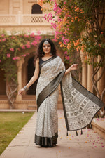 Load image into Gallery viewer, Women's Cotton Silk Printed Saree With Unstitched Blouse 5.5Mtr (White-Black)
