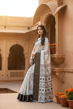 Load image into Gallery viewer, Women's Cotton Silk Printed Saree With Unstitched Blouse 5.5Mtr (White-Black)
