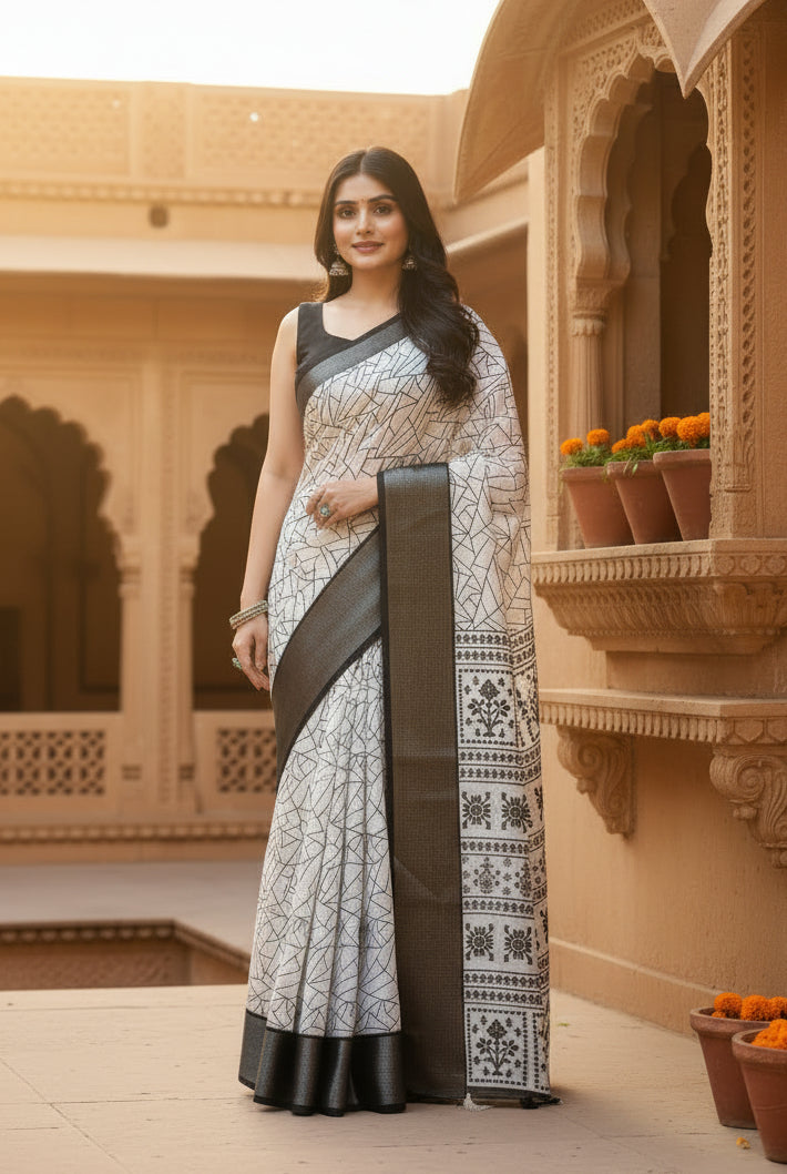 Women's Cotton Silk Printed Saree With Unstitched Blouse 5.5Mtr (White-Black)
