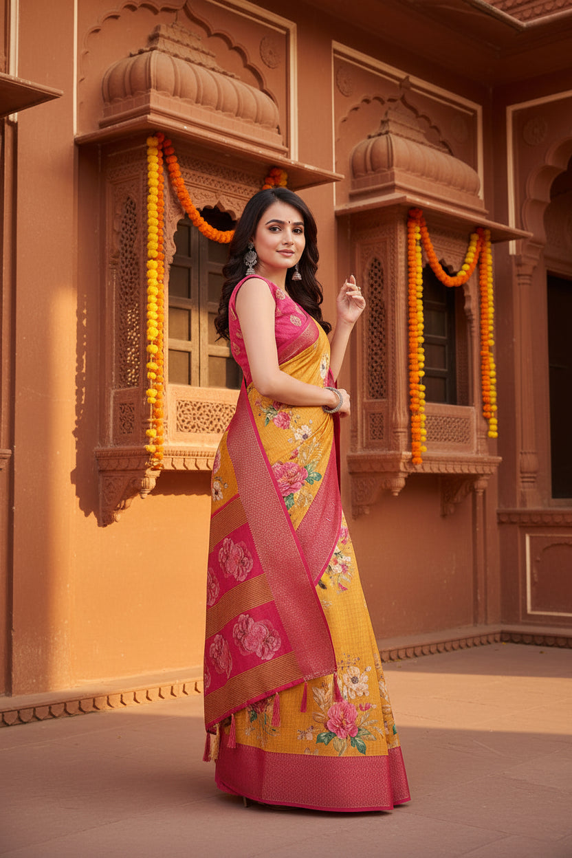 Women's Cotton Blend Floral Printed Saree With Unstitched Blouse 5.5Mtr (Yellow)