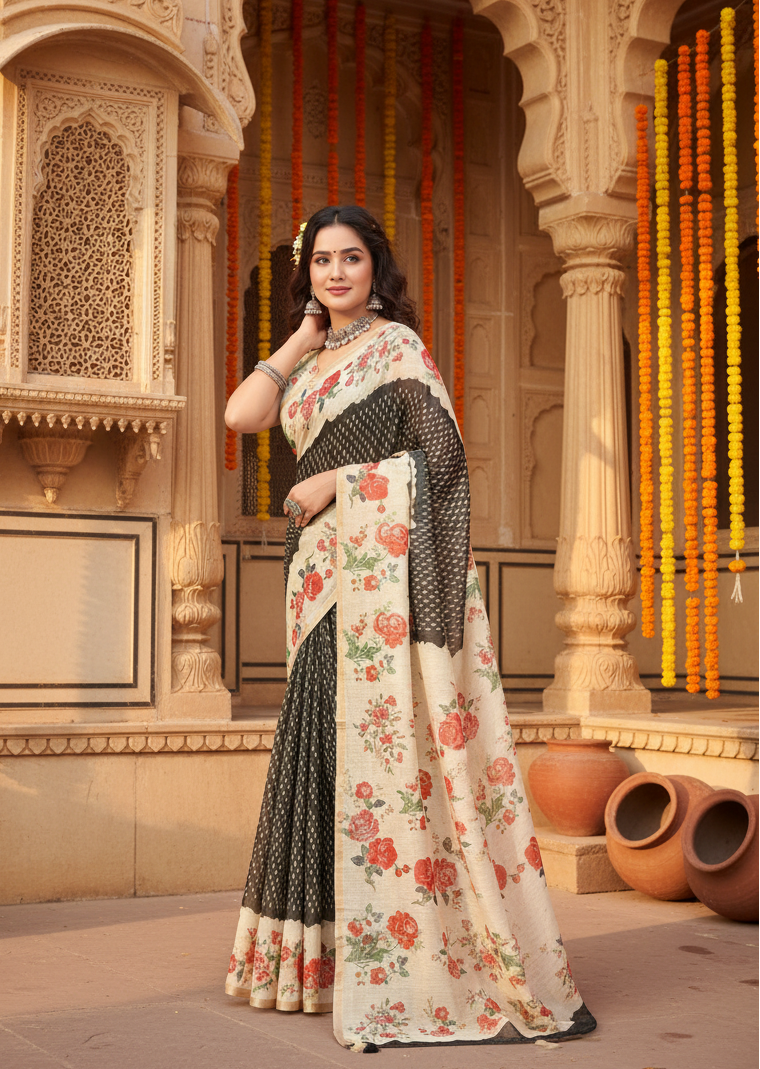 Women's Chanderi Floral Printed Saree With Unstitched Blouse 5.5Mtr (Black)