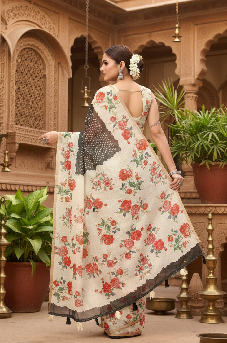 Women's Chanderi Floral Printed Saree With Unstitched Blouse 5.5Mtr (Black)