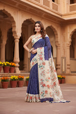 Load image into Gallery viewer, Women's Cotton Silk Floral Printed Saree With Unstitched Blouse 5.5Mtr (Blue)
