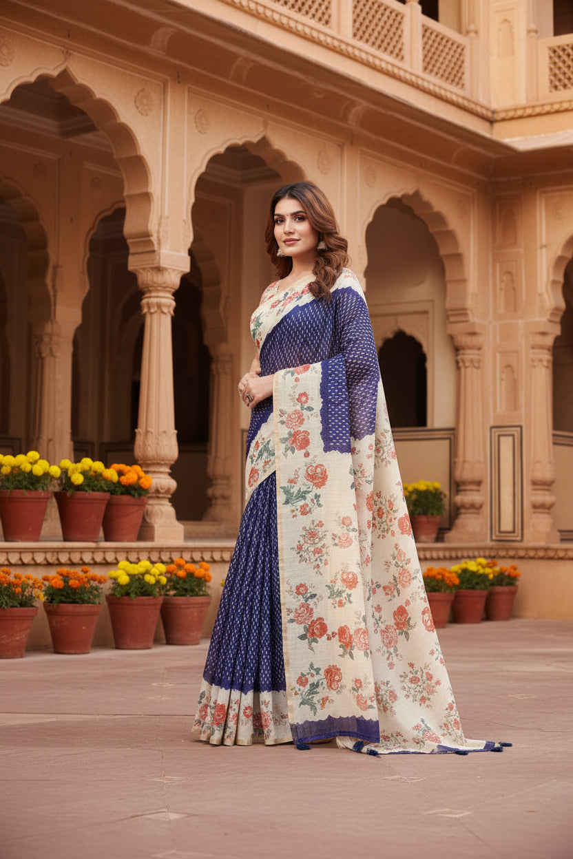 Women's Cotton Silk Floral Printed Saree With Unstitched Blouse 5.5Mtr (Blue)