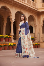 Load image into Gallery viewer, Women's Cotton Silk Floral Printed Saree With Unstitched Blouse 5.5Mtr (Blue)
