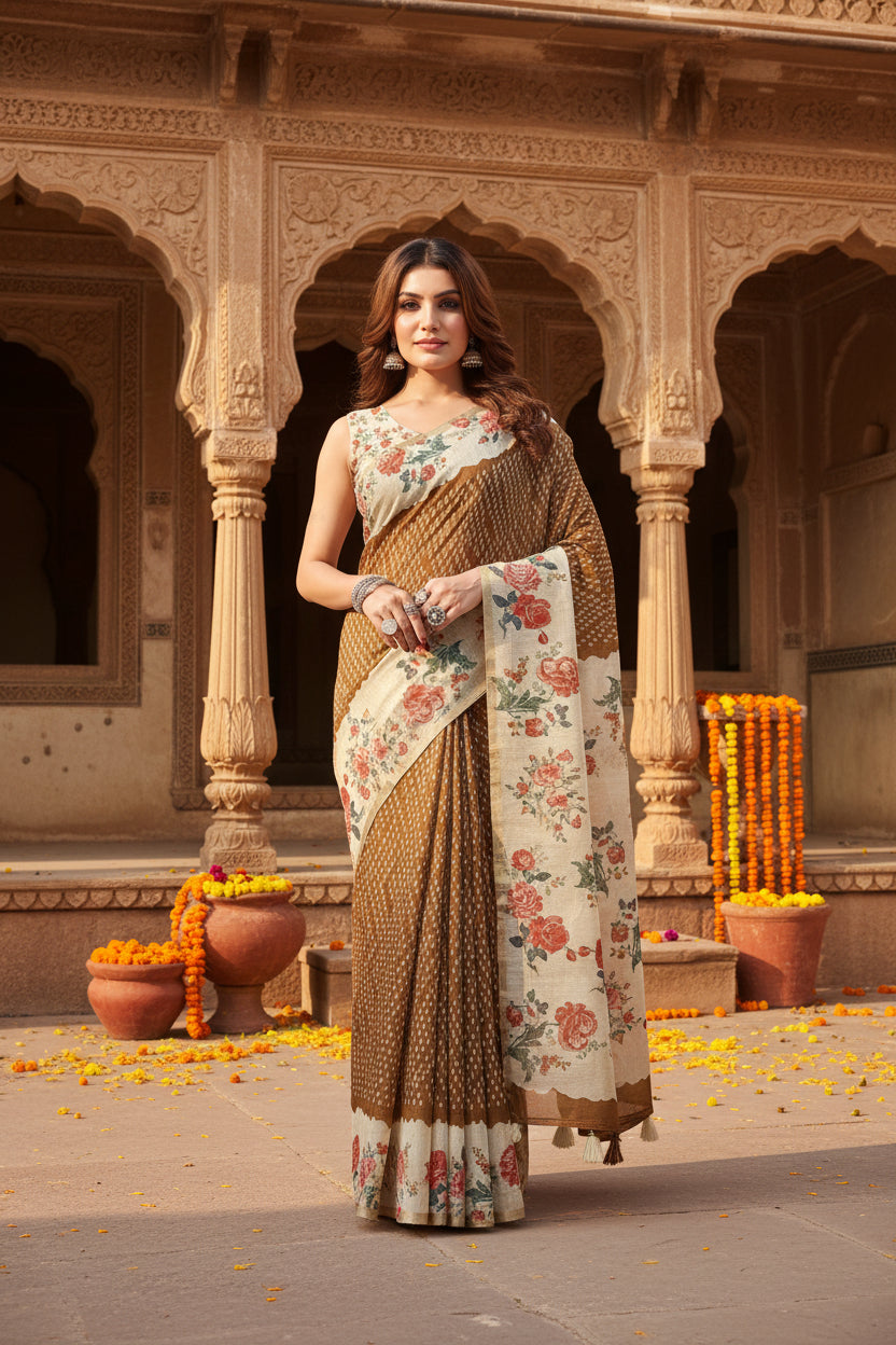 Pid 66714 women s cotton silk floral printed saree with unstitched blouse 5 5 mtr brown 2 1000x1000_a6d19439 7e84 4387 bcf6 8b4ff78e3757