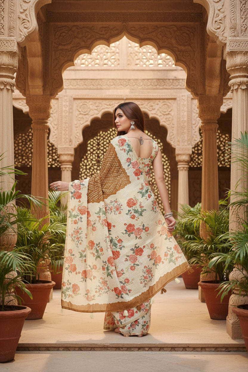 Women's Cotton Silk Floral Printed Saree With Unstitched Blouse 5.5Mtr (Brown)