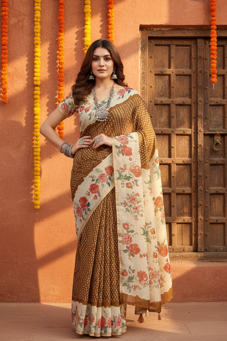 Women's cotton silk floral printed saree with unstitched blouse 5