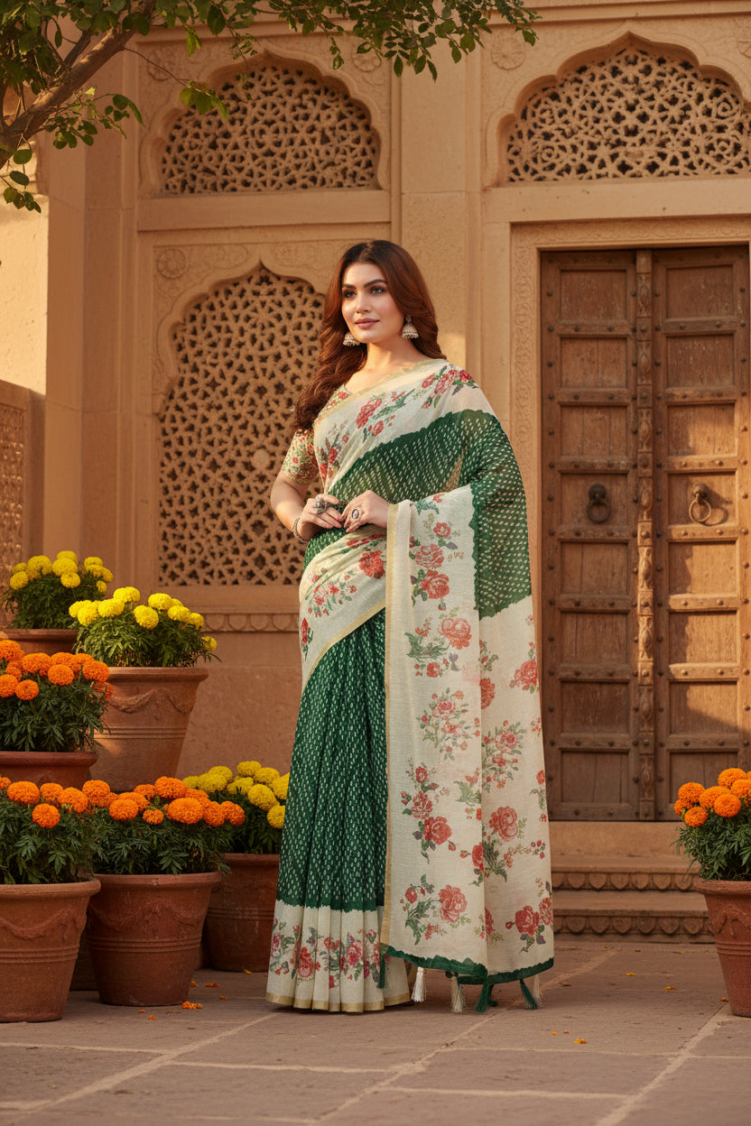 Women's Chanderi Floral Printed Saree With Unstitched Blouse 5.5Mtr (Green)