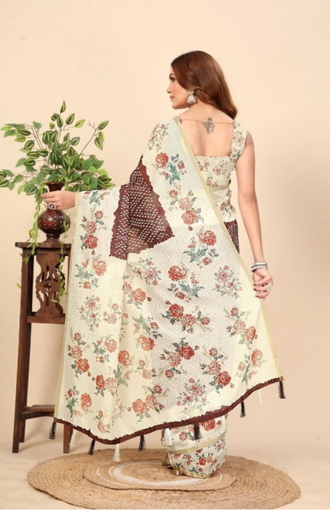 Women's Chanderi Floral Printed Saree With Unstitched Blouse 5.5Mtr (Maroon)
