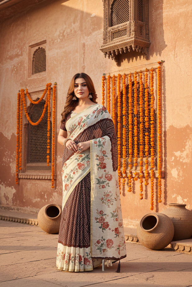 Women's Chanderi Floral Printed Saree With Unstitched Blouse 5.5Mtr (Maroon)