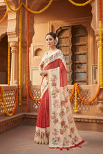 Load image into Gallery viewer, Women's Chanderi Floral Printed Saree With Unstitched Blouse 5.5Mtr (Red)
