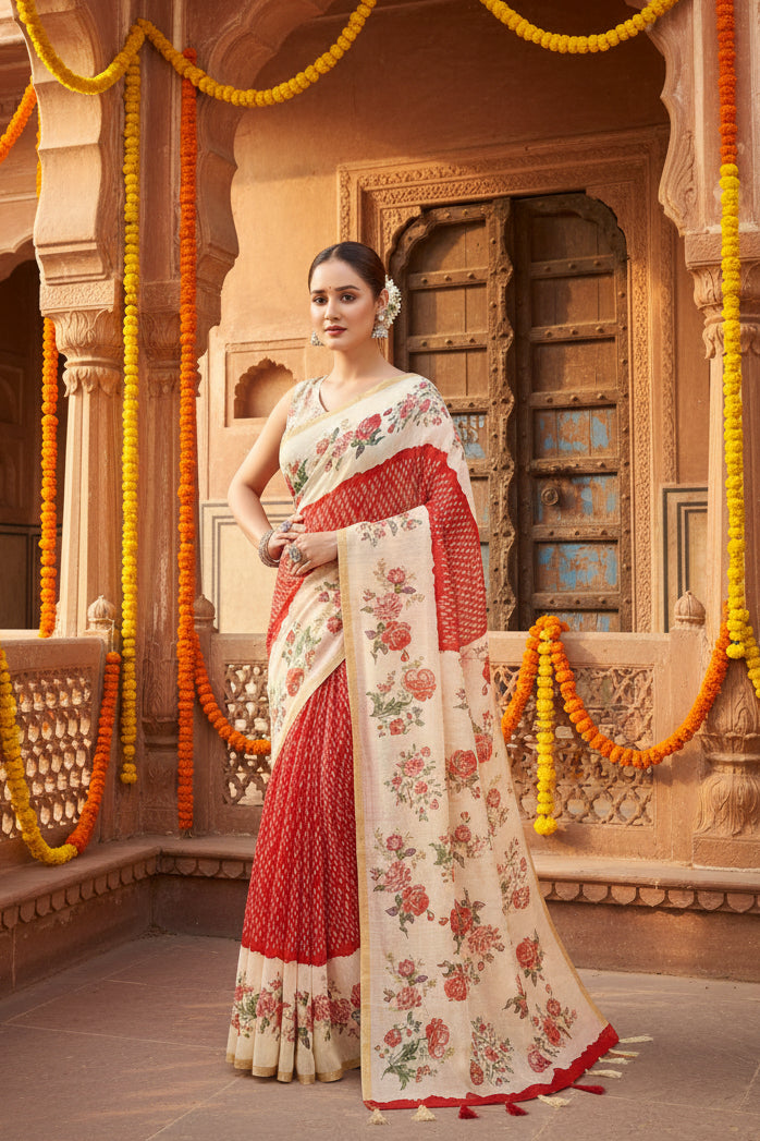 Women's Chanderi Floral Printed Saree With Unstitched Blouse 5.5Mtr (Red)