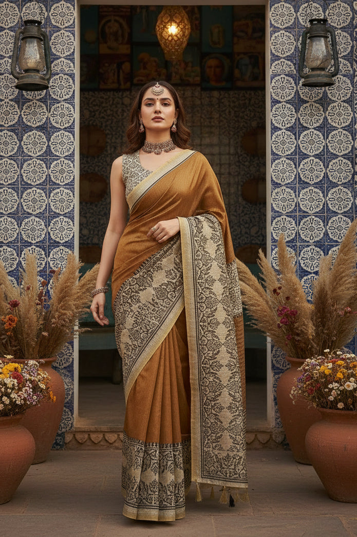 Women's chanderi printed saree with unstitched blouse 5