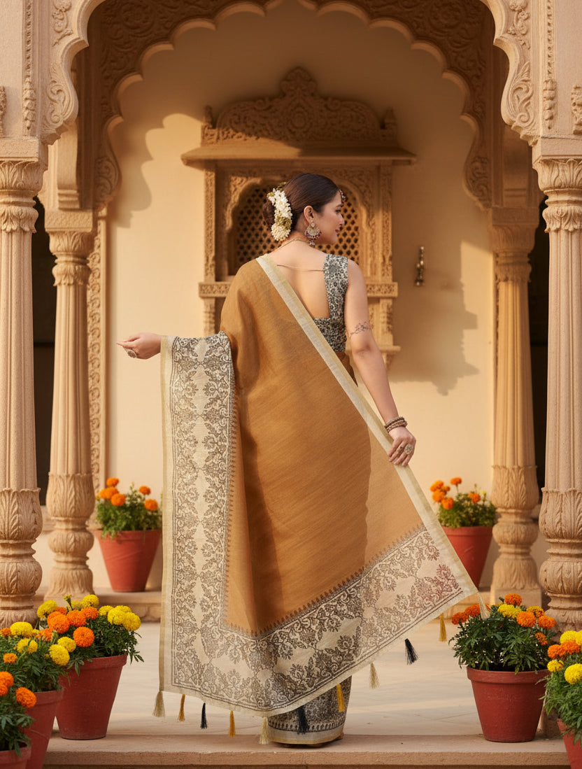 Women's Chanderi Printed Saree With Unstitched Blouse 5.5Mtr (Brown)
