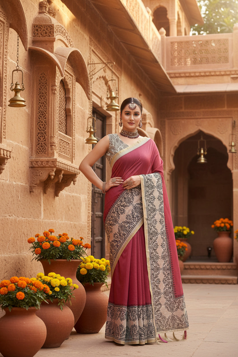 Women's Chanderi Printed Saree With Unstitched Blouse 5.5Mtr (Pink)
