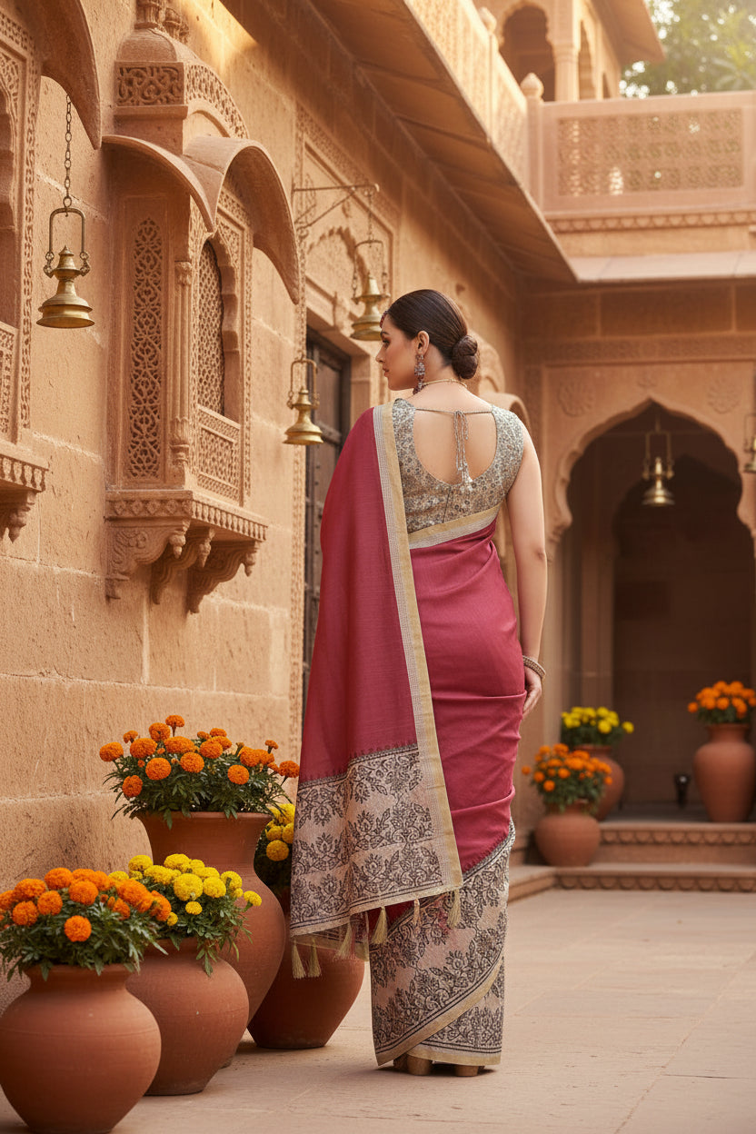 Women's Chanderi Printed Saree With Unstitched Blouse 5.5Mtr (Pink)