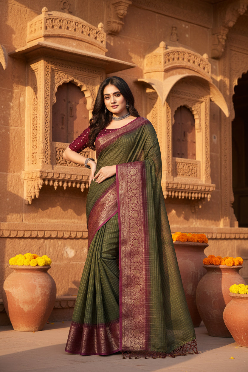 Women's cotton blend checkered saree with unstitched blouse 5