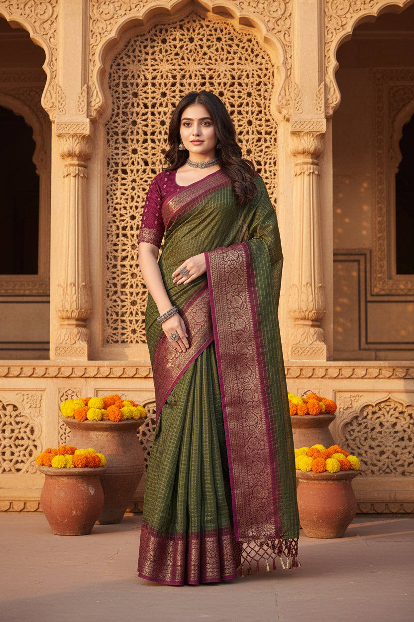 Women's Cotton Blend Checkered Saree With Unstitched Blouse 5.5Mtr (Green)