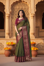 Load image into Gallery viewer, Women's Cotton Blend Checkered Saree With Unstitched Blouse 5.5Mtr (Green)
