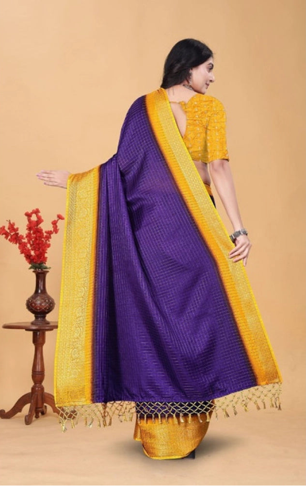 Women's Cotton Blend Checkered Saree With Unstitched Blouse 5.5Mtr (Royal Blue)