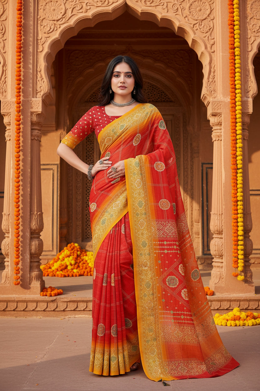 Women's Art Silk Printed Saree With Unstitched Blouse 5.5Mtr (Red)