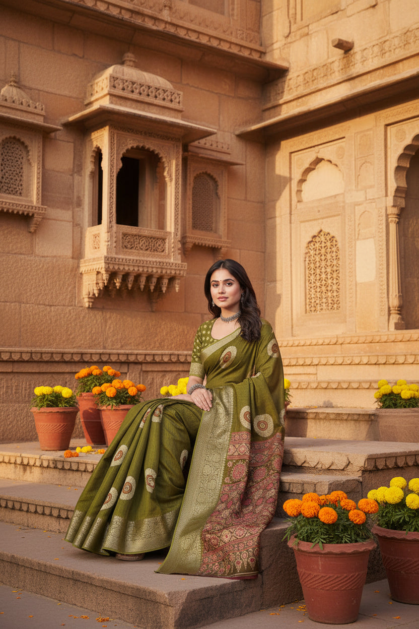 Women's Art Silk Printed Saree With Unstitched Blouse 5.5Mtr (Mehendi)