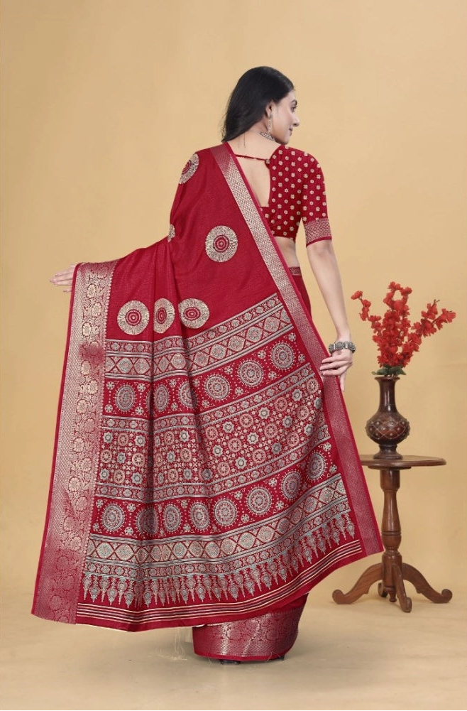 Women's Art Silk Printed Saree With Unstitched Blouse 5.5Mtr (Red)