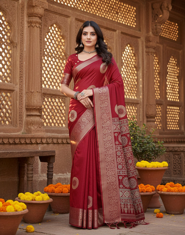 Women's art silk printed saree with unstitched blouse 5