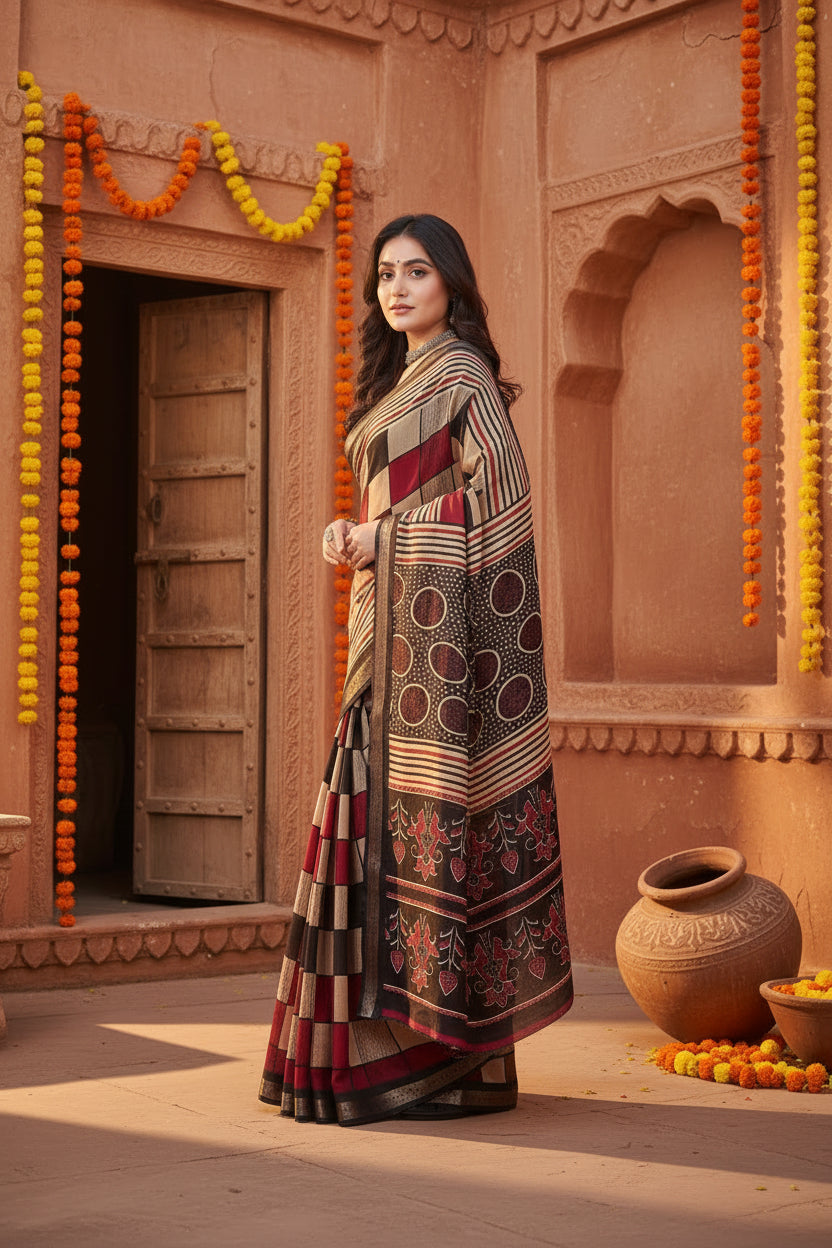 Women's Dupion Silk Block Printed Saree With Unstitched Blouse 5.5Mtr (Multicolor)