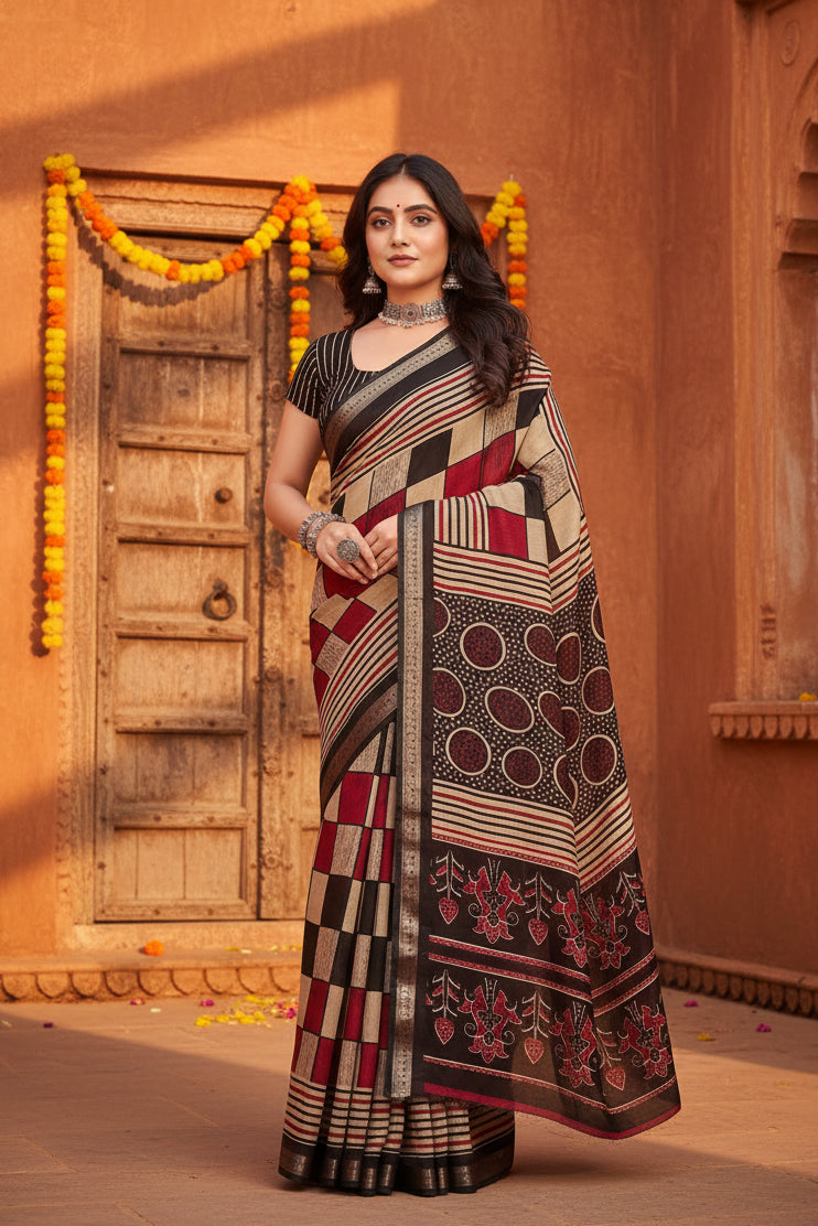 Women's Dupion Silk Block Printed Saree With Unstitched Blouse 5.5Mtr (Multicolor)