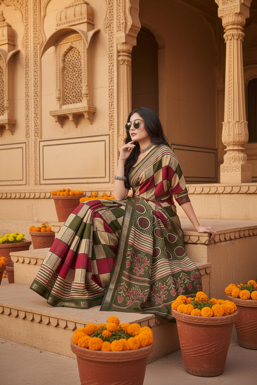 Women's Dupion Silk Block Printed Saree With Unstitched Blouse 5.5Mtr (Multicolor)
