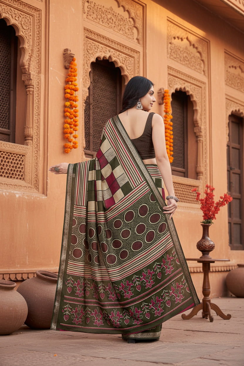 Women's Dupion Silk Block Printed Saree With Unstitched Blouse 5.5Mtr (Multicolor)