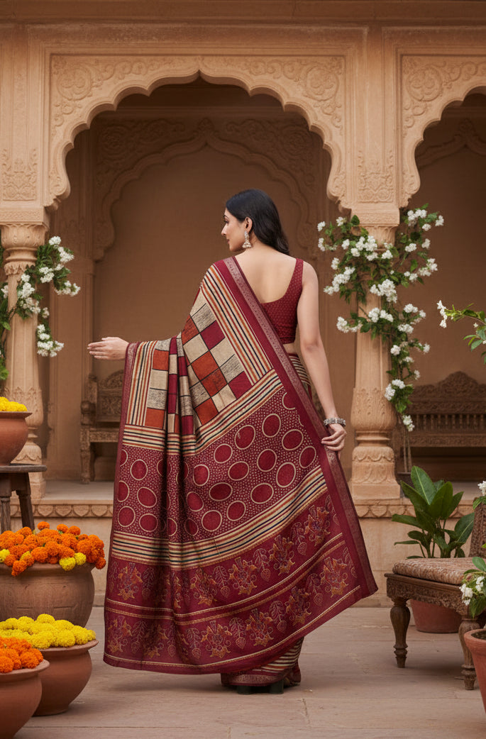 Women's Dupion Silk Block Printed Saree With Unstitched Blouse 5.5Mtr (Multicolor)