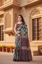 Load image into Gallery viewer, Women's Dupion Silk Block Printed Saree With Unstitched Blouse 5.5Mtr (Multicolor)
