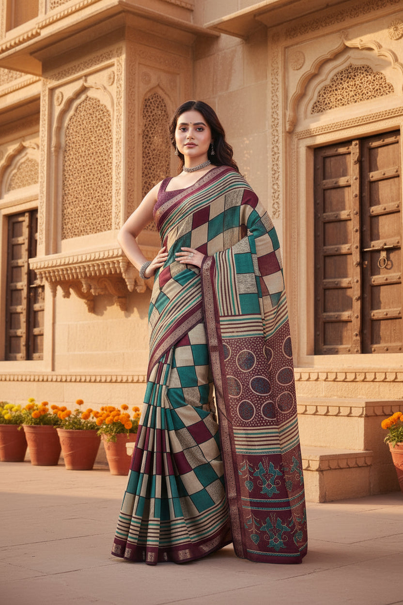 Women's Dupion Silk Block Printed Saree With Unstitched Blouse 5.5Mtr (Multicolor)
