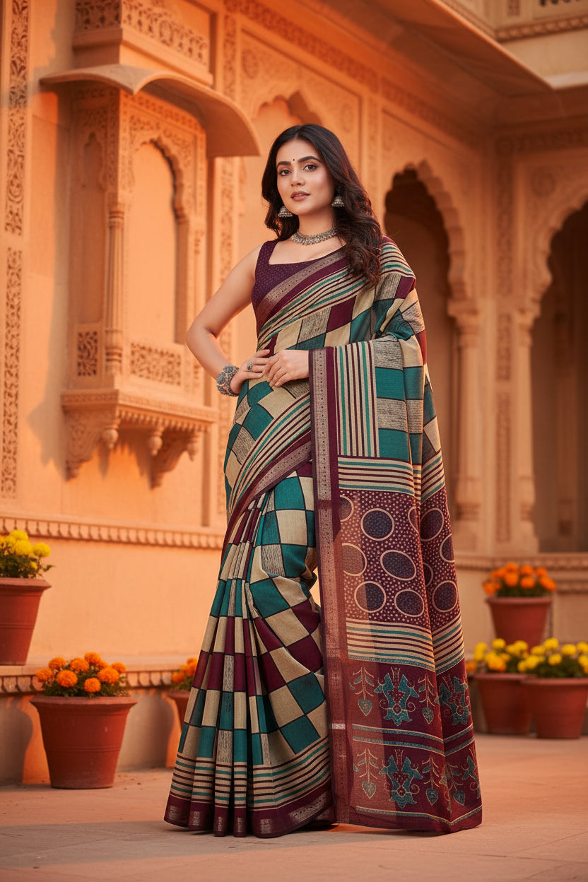 Women's Dupion Silk Block Printed Saree With Unstitched Blouse 5.5Mtr (Multicolor)