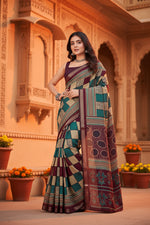 Load image into Gallery viewer, Women's Dupion Silk Block Printed Saree With Unstitched Blouse 5.5Mtr (Multicolor)
