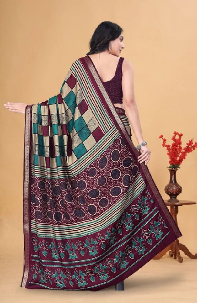 Women's Dupion Silk Block Printed Saree With Unstitched Blouse 5.5Mtr (Multicolor)