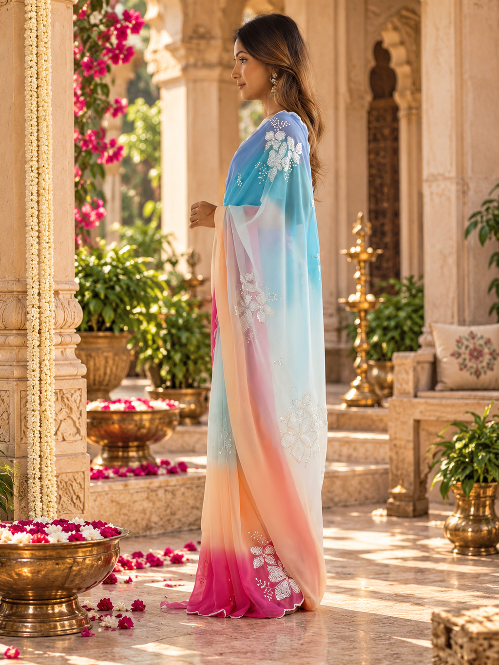 Georgette Embroidery Work Saree With Unstitched Blouse(Blue)