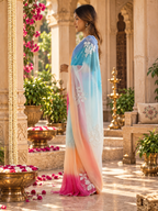 Georgette Embroidery Work Saree With Unstitched Blouse(Blue)